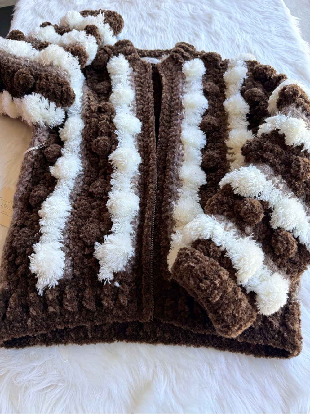 Vintage 90s Cee Brown Stripe Pom-Pom Fuzzy Zip Jacket Novelty Knit XL - Picture 9 of 13